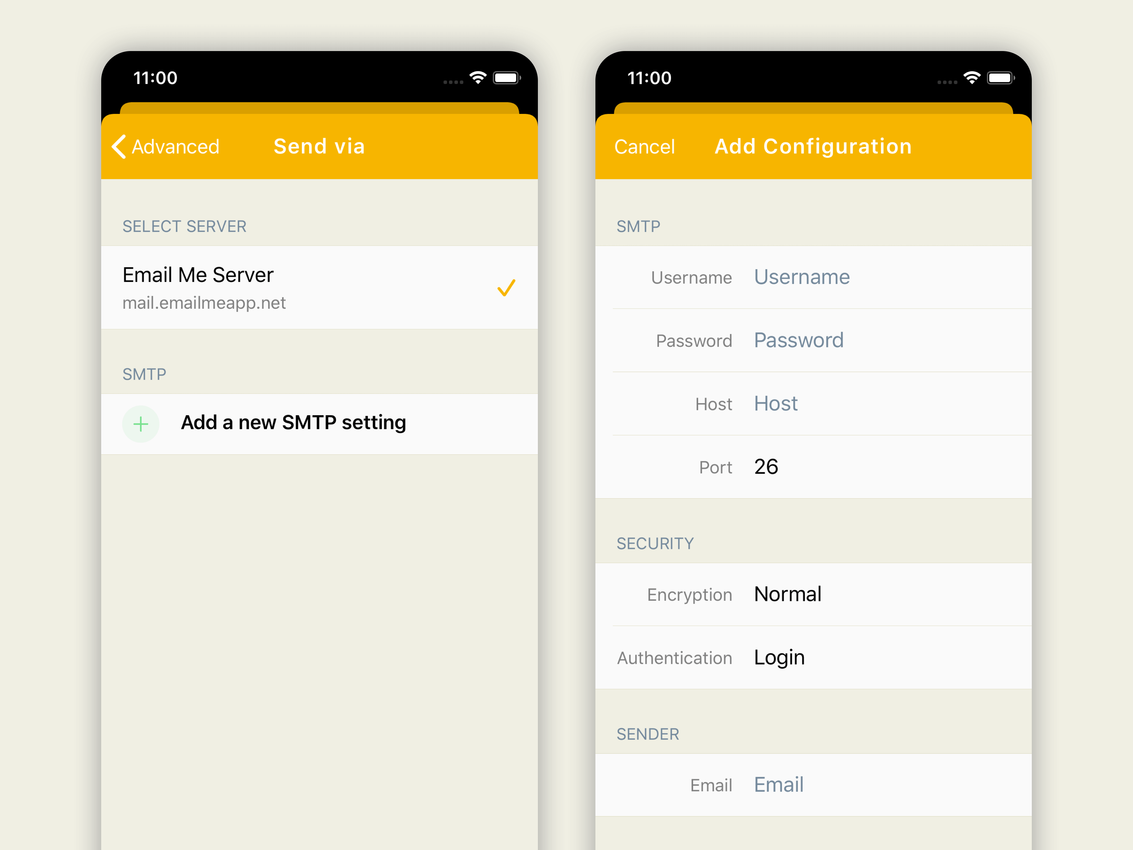 Email Me App SMTP configuration screen allowing users to add custom email servers for sending notes Email Me App SMTP configuration screen allowing users to add custom email servers for sending notes